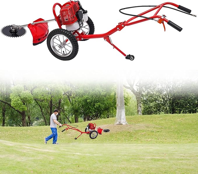 49CC 2 Stroke Walk-Behind Lawn Mower Brush Mower with Wheels 1.8Kw Gasoline Hand Push Grass Trimmer for Orchards Vegetable Fields Gardens Lawns, 3 Functions