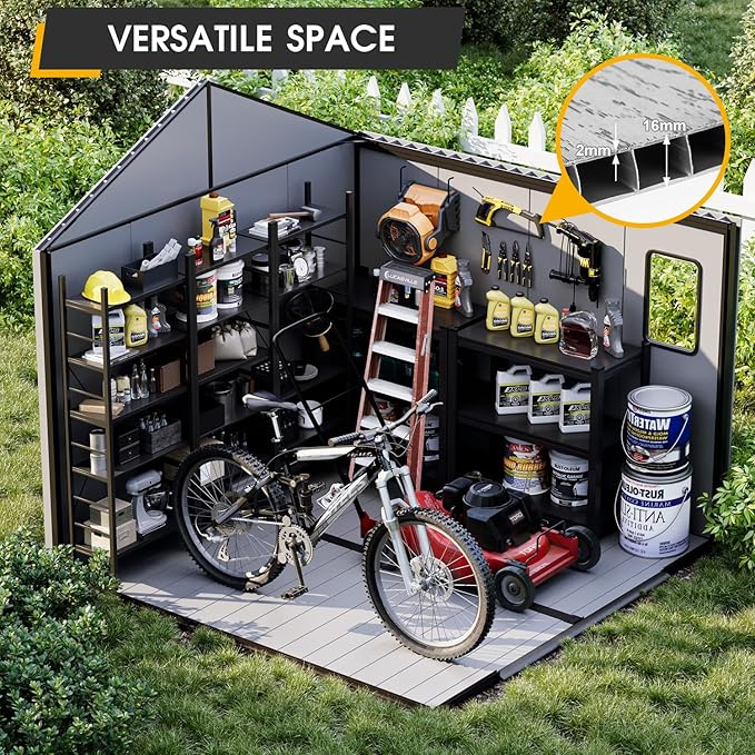 8 x 8 FT Resin Tool Shed, All-Weather Outdoor Storage Shed with Floor, Lockable Doors & Windows, Plastic Garden Shed for Poolside, Backyard, Patio