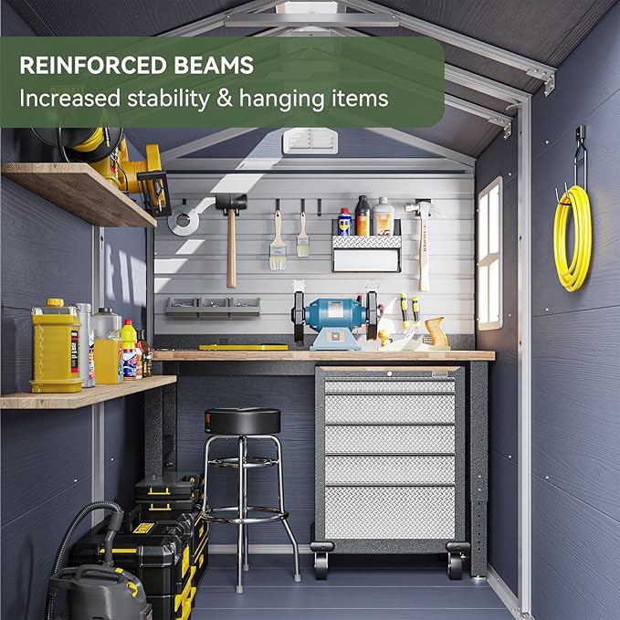 Aoxun 4 x 6 FT Outdoor Storage Shed with Window, Resin Shed with Floor & Lockable Doors, Small Garden Shed Waterproof Plastic Tool Shed with Sloped Roof for Backyard, Garden, Patio, Lawn, Grey