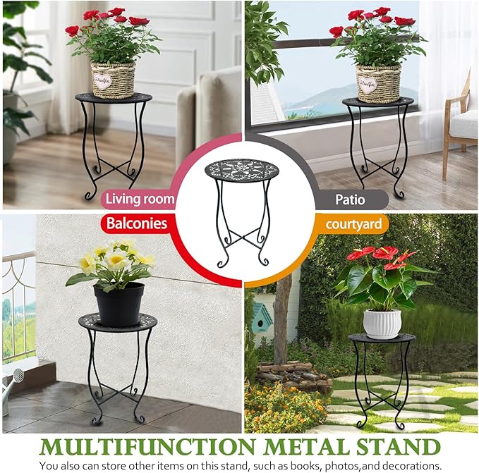 3pcs Plant Stand Small Outdoor Table,Round Black Metal Shape with Decorative Openwork Flower Pattern, Anti-Rust Wrought Iron Patio Table for Indoor Plant Stand,Porch,Balcony,Garden,Yard (Small & Medium & Large)