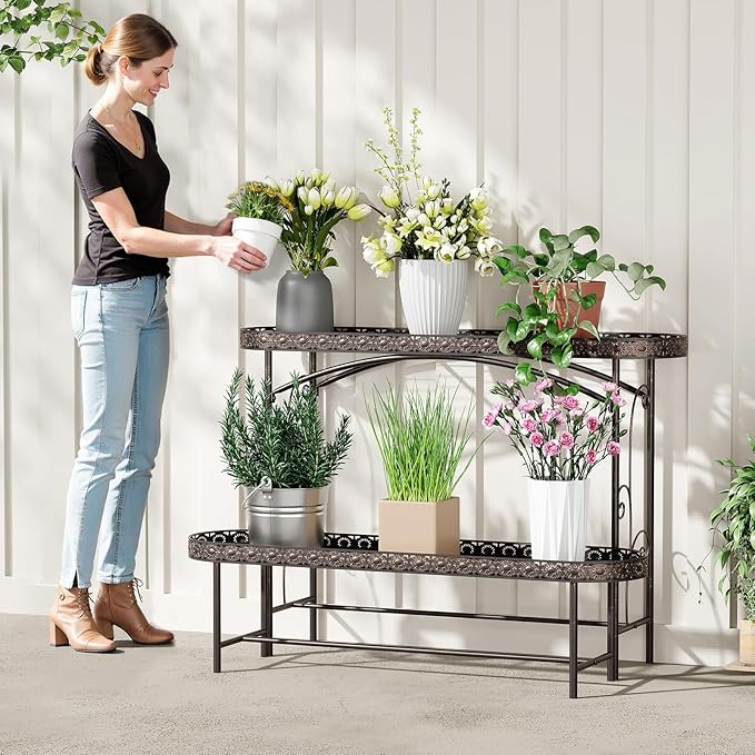 Plant Stand Outdoor Indoor 2 Tier Metal Pland Stand, Detachable Heavy Duty Tall Plant Shelf Rack Flower Pot Holder for Patio Garden Balcony Living Room, Distressed Vintage Black