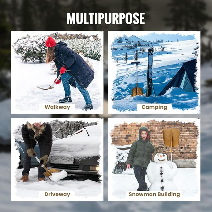 OneTigris Snow Shovel, Collapsible Aluminum Alloy with Ice Scraper Brush - Portable Folding Shovel for Camping, Car Emergency, Winter Outdoor - 25.98" Lightweight Durable Design (Coyote Brown)