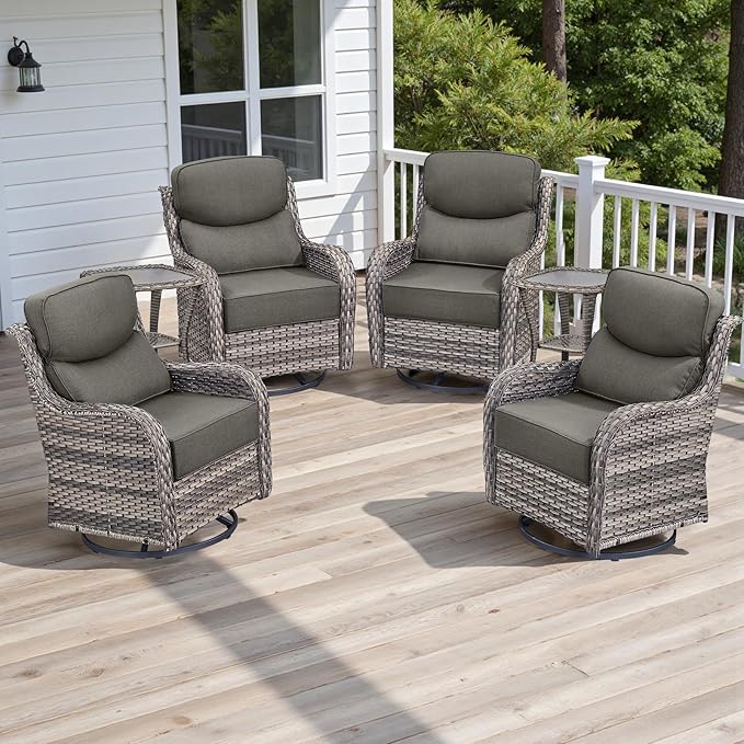 6 Piece Outdoor Patio Swivel Rocker Chairs, Waterproof Wicker, High Back, Deep Seating, Wide Armrest, Upgraded 6 inch Thick Cushions, Side Table, Ideal for Deck Porch Yard, Mixed Grey/Grey