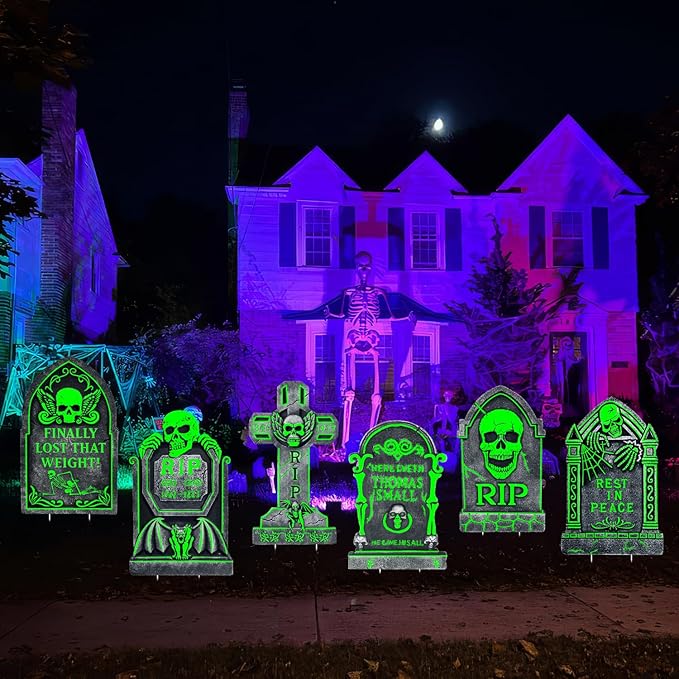 17”×10” Large Halloween Yard Decorations, 6 Pack Waterproof Glow in The Dark Tombstones, Outdoor Light Up Gravestones for Yard, Party, Home and School, Spooky Cemetery Halloween Decor