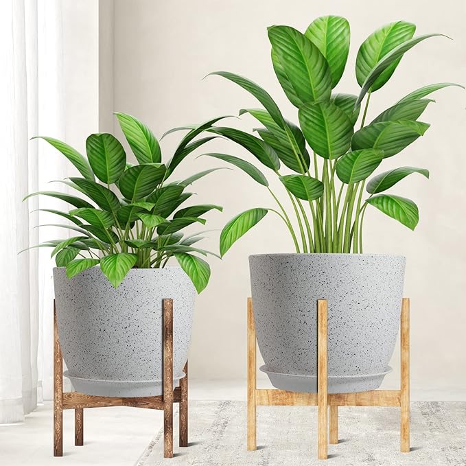 WOUSIWER Plant Pots 10/9/8 inch, Set of 3 Modern Decorative Plastic Planters with Drainage Holes and Saucers for House Plants Indoor Flowers Plants, White Speckles