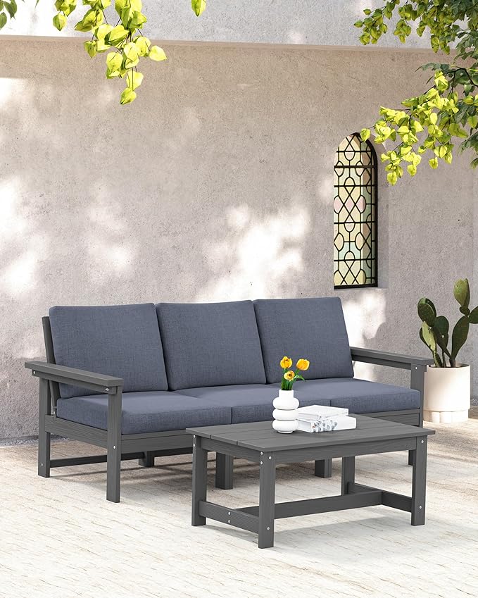 SERWALL HDPE Patio Sofa Set, 4-Piece Sectional Outdoor Furniture Set, All Weather Outdoor Couch Set Patio Furniture Set for Deck, Lawn, Grey Frame with Grey Cushion