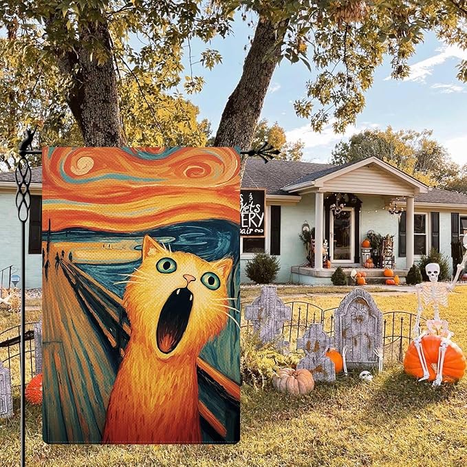 Screaming Orange Cat Garden Flag The Scream Halloween Garden Flag Vertical Double Sided Rustic Farmland Burlap Yard Lawn Outdoor Decor 12.5x18"