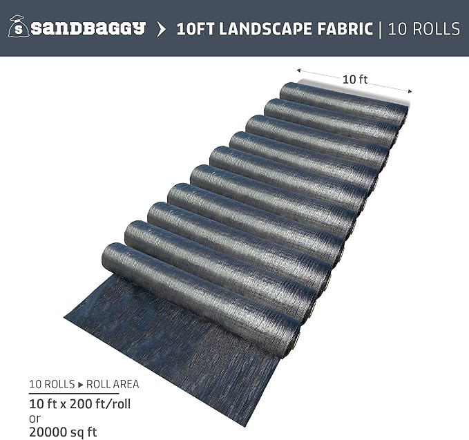 Sandbaggy 10 ft x 200 ft Landscape Fabric | 40 Year Fabric | for Weed Barrier, Ground Cover, Garden | Industrial Grade | 135 Lbs of Tensile | UV Protected | DOT Approved (10 Rolls - 10 ft x 200 ft)
