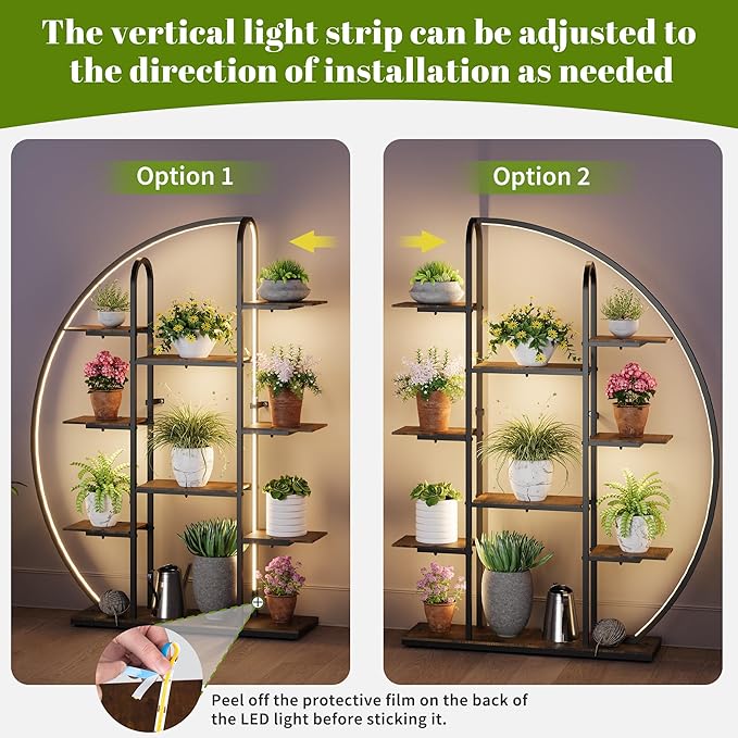 Big Plant Stand Indoor with Grow Lights and LED Light, 61”Tall Metal Plant Shelf Flower Stand for Multiple Plants, 9 Tier Moon-Shaped Plant Rack Large Display Plant Holder for Living Room Balcony