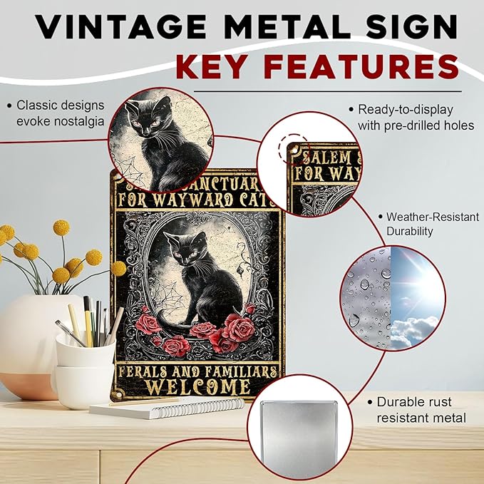 Halloween Black Cat Vintage Sign Salem Sanctuary For Wayward Cats Halloween Metal Sign for Home Bar Kitchen Hotel Dining Room Coffee 12x16inch