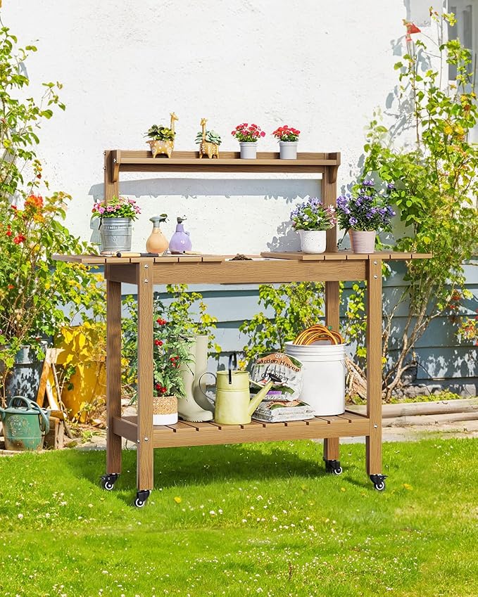 HDPS Outdoor Potting Bench with Sliding Tabletop/ 4 Wheels/Removable Sink, All-Weather Outside Garden Work Table, No Rust/Fade/Break, Potting Station for Porch, Patio & Backyard (Teak)