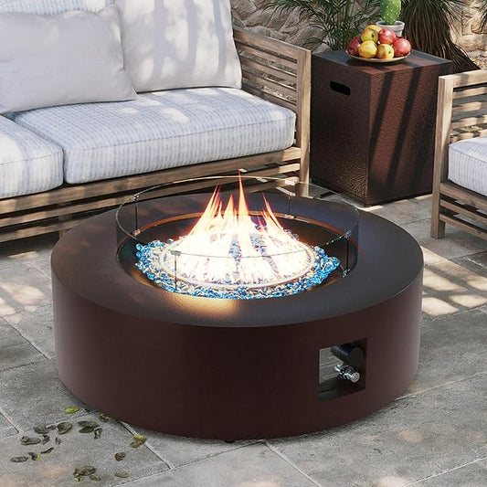 UPHA 42-inch Outdoor Propane Gas Fire Pit Table 50000 BTU Iron Round Firepit for Outside Patio with Tank Hidden Table, Wind Guard, Removable Lid, Blue Glass Rocks, Rain Cover, Brown