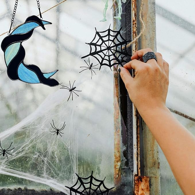 Stained Glass Black Snake on Moon Decor Window Hangings Ornament, Gothic Snake Suncatcher Halloween Decorations, Handmade Stained Glass Gifts Sun Catchers Indoor Window Home Decor.