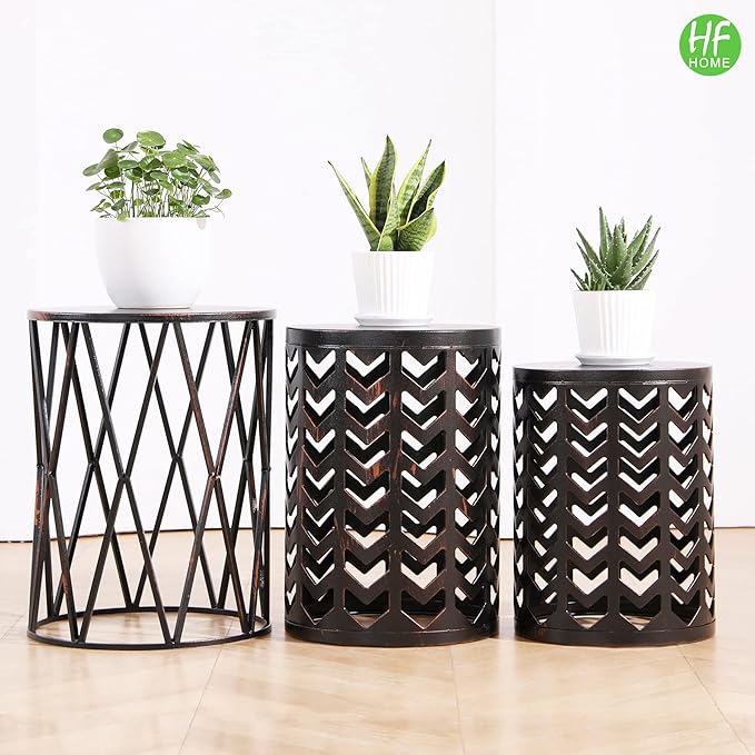 HFHOME Set of 3 Metal Side End Tables Nightstand, Multifunctional Nesting Round Coffee Table for Indoor, Heavy Duty Plant Stand Outdoor - Black with Bronze Prush (Ship from US)