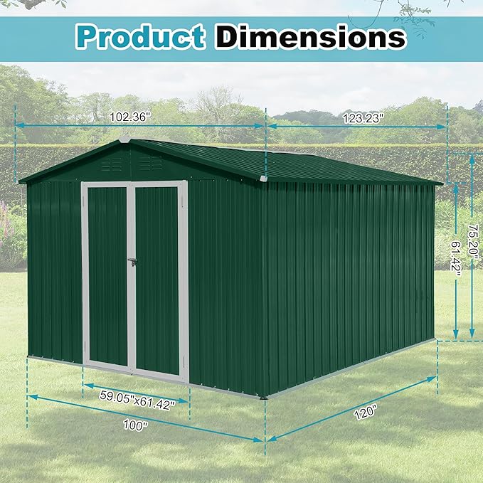 8x10 FT Outdoor Storage Shed, Metal Tool Shed with Lockable Doors, Peaked Roof & Frame Floor, Garden Shed with Vented Design for Backyard Garden Patio Lawn, Green+White