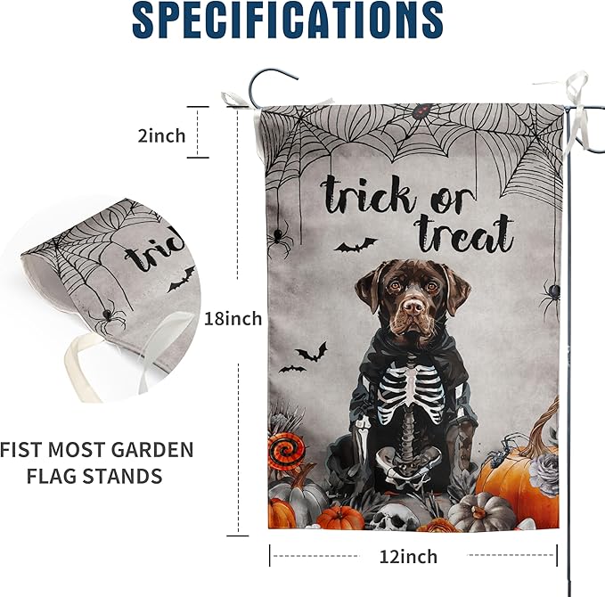 Halloween Chocolate Lab Garden Flag Trick or Treat Yard Flag Ghost Labrador Dog Garden Flags for Outside 12x18 Double Sided Mini Skeleton Halloween Decor Outdoor Lawn Welcome Flag