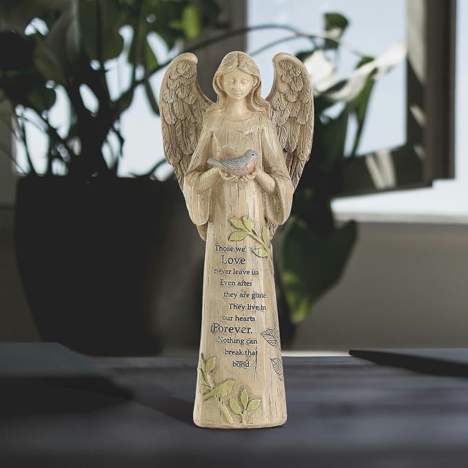 DUSVALLY Angel Statue, Memory Guardian Garden Decor, 10" H Waterproof Outdoor Angel Figurine Sculpture for Lawn & Yard (Praying, Holding The Bird)