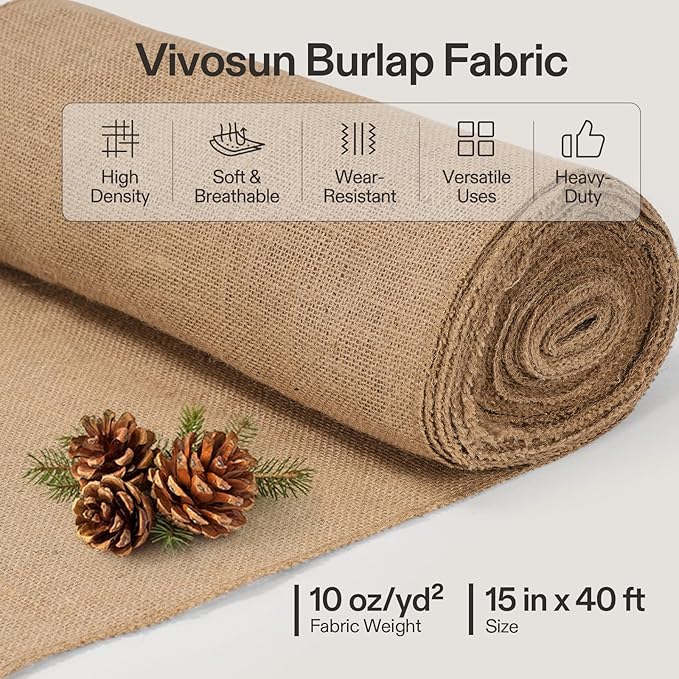VIVOSUN 15 in x 40 ft Premium Burlap Fabric Roll, 10 oz Heavy Duty High Density Natural Jute Fiber, Multipurpose Burlap for Gardening, Outdoor Plant Care, Weed Barrier, DIY Crafts, and Decoration