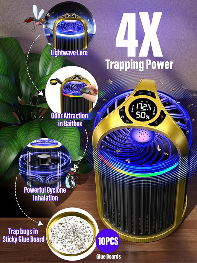 Fly Trap Indoor, CreateFun 2025 New Gnat Traps for House Indoor, Bug Light Trap Mosquitoes Fruit Fly Trap for Plants Bug Zapper with 10 PCS Refills - Gold & Black
