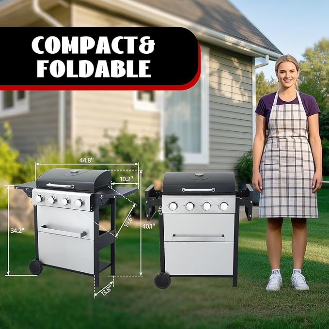 4-Burner Propane Gas Grill with 2 Foldable Side Tables, 34,200 BTU Outdoor BBQ Grill with Porcelain-Enameled Flame Tamers, Built-in Thermometer, Easy Assembly for Patio, Backyard BBQ