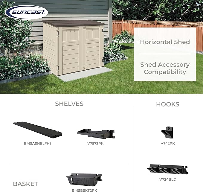 Suncast 34 Cu Ft Capacity Horizontal Outdoor Storage Shed for Garbage Cans, Garden Accessories, Backyard, and Patio Use, Vanilla