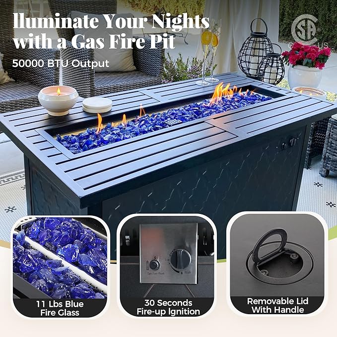 Patio Furniture Set, 6 Pcs Metal Outdoor Conversation Set, 2 Single Chairs, 2 Ottomans and 3 Seater Sofa with 5.75" Extra Thick Cushion and Gas Fire Pit Table, Gemstone Blue