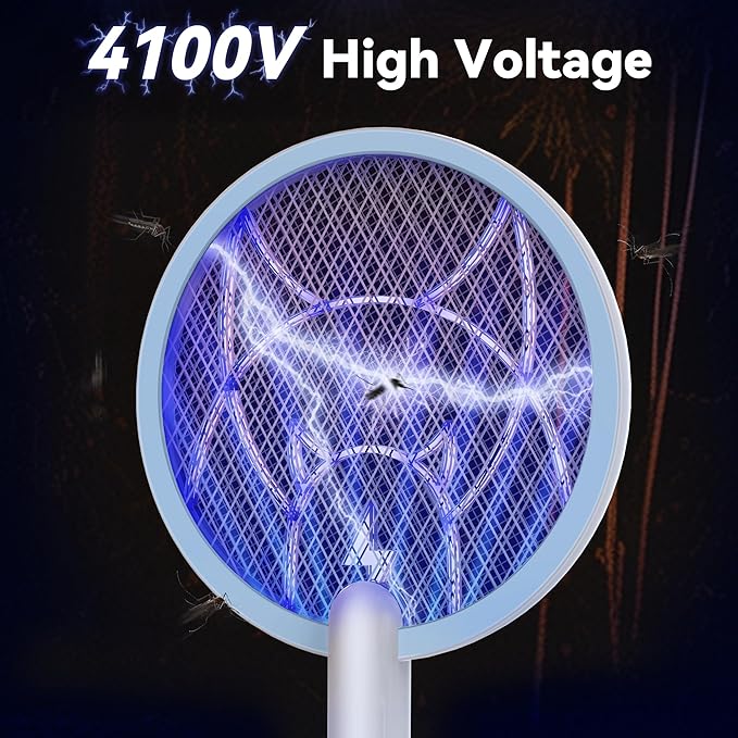 Electric Fly Swatter Racket, 2 in 1 Mosquito Bug Zapper 4100V Handheld Mosquito Killer with 1800 mAh Rechargeable Battery, Purple Lightand 3-Layer Safety Mesh for Indoor Outdoor Blue Two-Pack