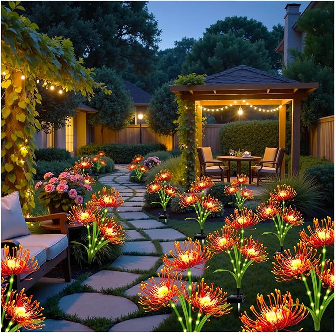 Solar Outdoor Lights Orange Spider Lily – 2 Pack 6-Head Waterproof Garden Flower Lights with Glowing Stems,Decorative Solar Powered Yard,Patio &Lawn Decor,Christmas &Gardening Gifts for Women Grandma