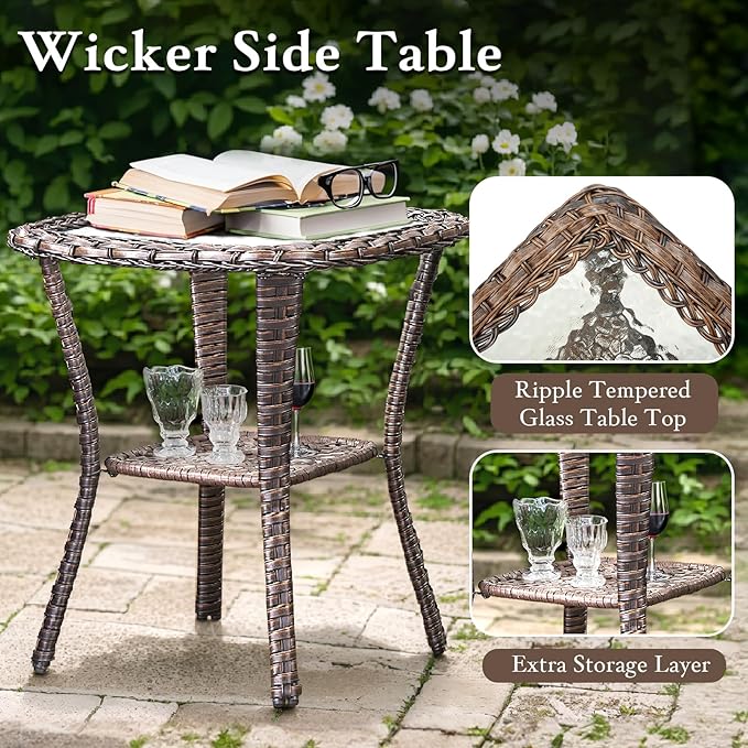 Luxury Outdoor Swivel Rocker Patio Chairs, High Back Swivel Patio Chairs with Side Table & 6-Inch Thick Cushions, Wicker Outdoor Bistro Set for Porch, Yard, Deck, Poolside, Brown/Grey