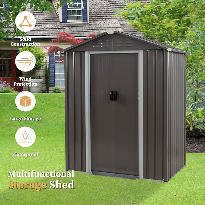 Vongrasig 5 x 3 x 6 FT Outdoor Storage Shed, Metal Tool Shed Clearance Garden Steel Shed with Side Window and Lockable Door Waterproof Tool Shed for Backyard Patio, Lawn (Gray)