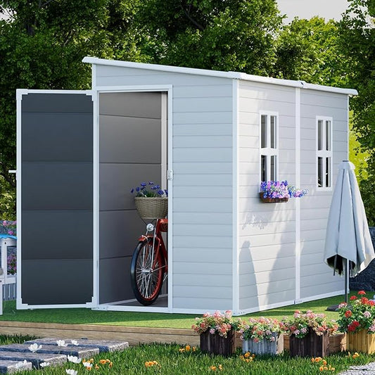 8x4 FT Resin Storage Shed with Floor Window for Outdoor Garden Waterproof Plastic Sheds Kit for Backyard Tool Storage, Gray