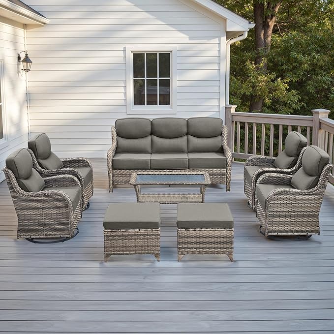 Wicker Outdoor Patio Furniture Set - 8 Piece Patio Conversation Sets with Swivel Rocker Chairs, Ottomans, Sofa and Table, 6 inch Cushions, Deep Seating, for Porch Deck Mixed Grey/Grey