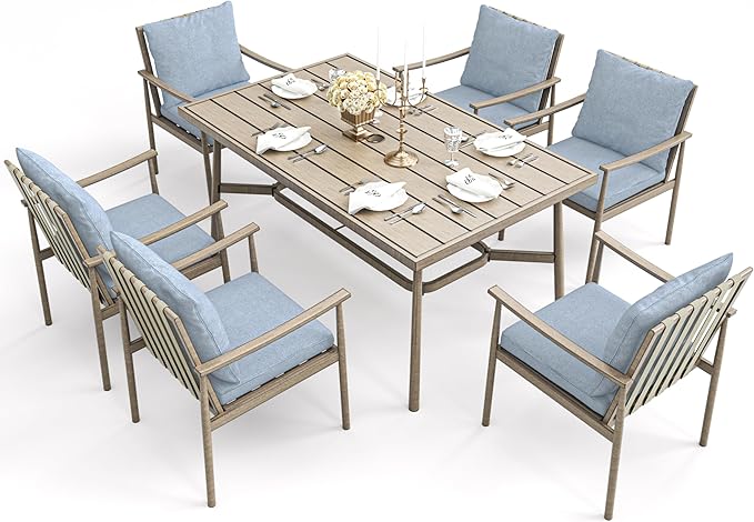 HAPPATIO 7-Piece Outdoor Dining Set for 6, Aluminum Patio Dining Set Includes 6 Dining Chairs and 1 Large Rectangular Table with Umbrella Hole, Patio Furniture Set for Lawn, Porch, Backyard, Brown