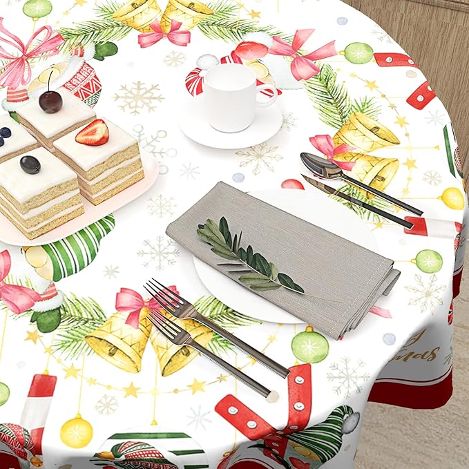 Gnomes Joy Christmas Decorations Tablecloth Farmhouse Xmas Winter Snowflake Tablecloth for Circular Table Cover Dinner Table Parties,60 Inch Round