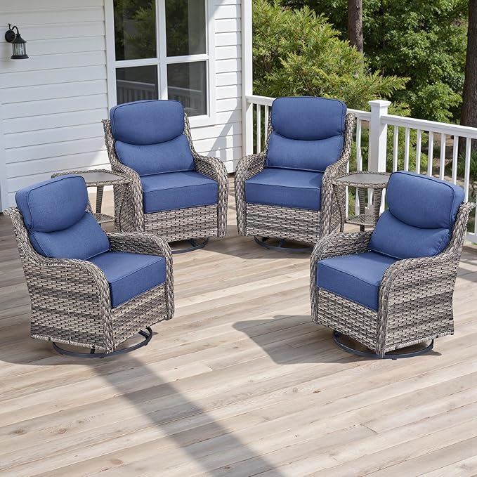 6 Piece Outdoor Patio Swivel Rocker Chairs, Waterproof Wicker, High Back, Deep Seating, Wide Armrest, Upgraded 6 inch Thick Cushions, Side Table, Ideal for Deck Porch Yard, Mixed Grey/Blue