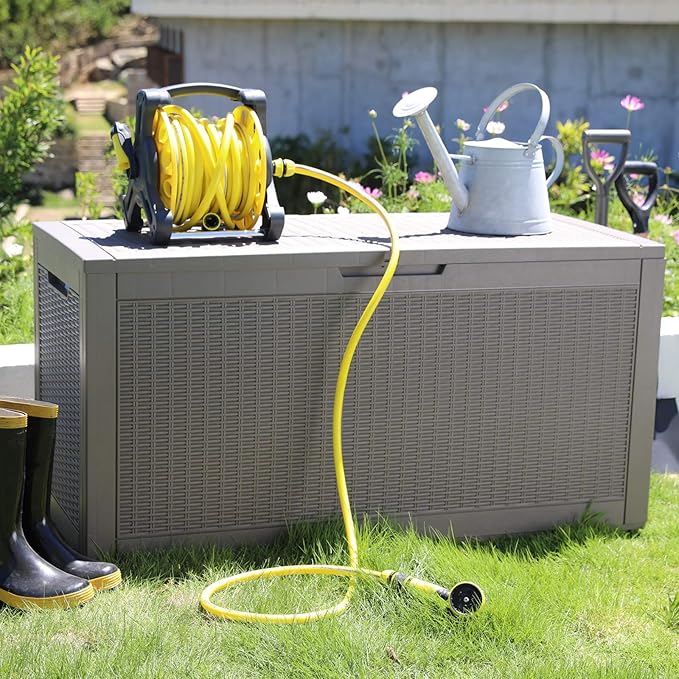 Modern-Depo 100 Gallon Deck Box Waterproof Outdoor Storage Bench Polypropylene PP Garden Tools Pool Towel Storage Bin Porch Delivery Box, Gray