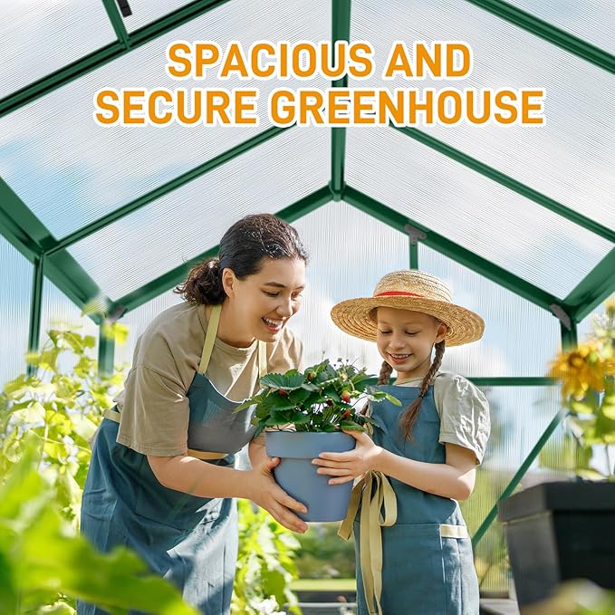 VINGLI Greenhouse, 6x10 FT Heavy Duty Polycarbonate Greenhouse with 5 Roof Vents, Aluminum Frame, Sliding Doors, Green