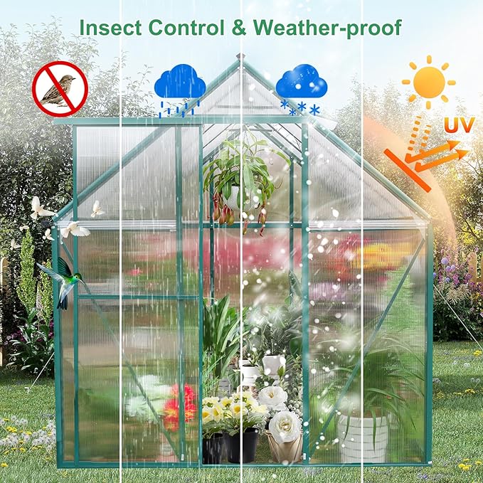 Polycarbonate Greenhouse Kit, 10x6 FT Heavy Duty Outdoors Durable Green House with Double Vent Window Lockable Door, Twin-Wall Panels, Walk in Green Houses for Backyard Outside Garden