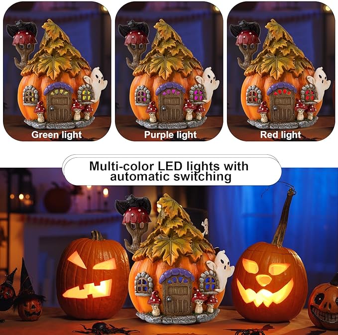 Colorful Light Up Halloween Village, 6.5"H Spooky Miniature Haunted House Decor, Resin Ghost Pumpkin Figurine Outdoor Fall Fairy Garden Statue, Indoor Tabletop Desk Mantel Decoration for Home