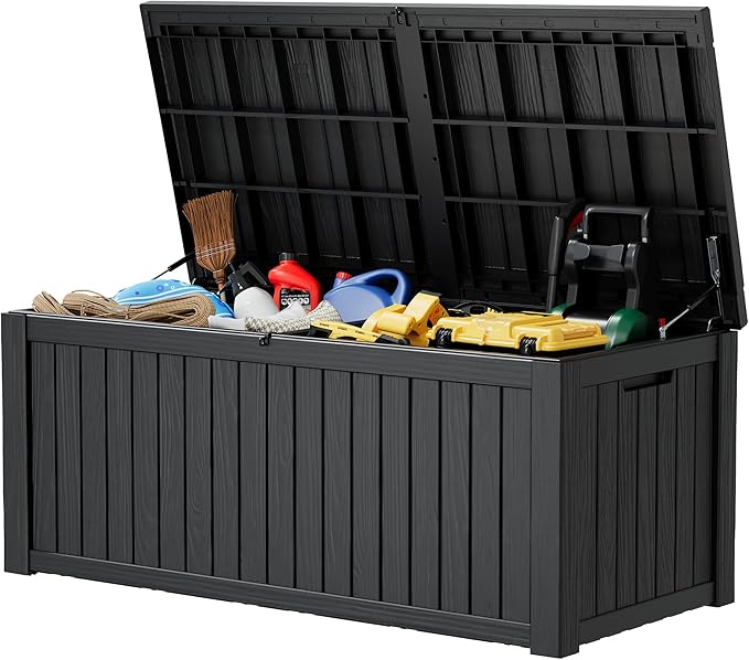 NUNU LAB Outdoor Storage Box 150 Gallon,Resin Large Sturdy Deck Box, Backyard Outside Storage Box Waterproof with Double Wall Panels,Package Delivery Box,Garden Box,Tool Box,Outdoor Hose Storage Bin
