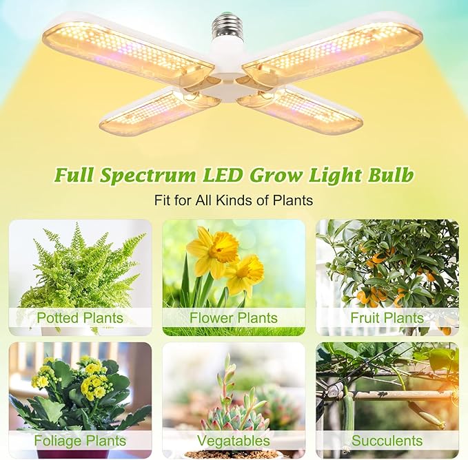 200W LED Grow Light Bulb - 552 LED Plant Light Bulb E26/E27 Sunlike Full Spectrum Plant Grow Lamp with IP54 Waterproof Foldable Four-Leaf Lamp Body for Hydroponics Garden Greenhouse Houseplants