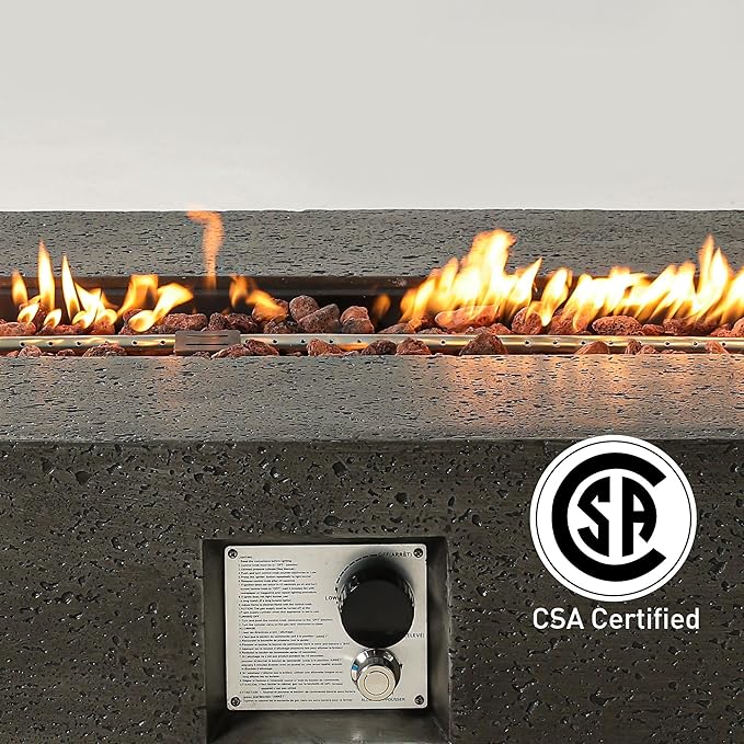 SUNBURY Outdoor Fire Pit, 56" Rectangle Propane Gas Patio Fire Table 50,000 BTU Concrete Travertine Design, CSA Certified, Low Firepit Table with Lava Rocks, Waterproof Cover (Grey)