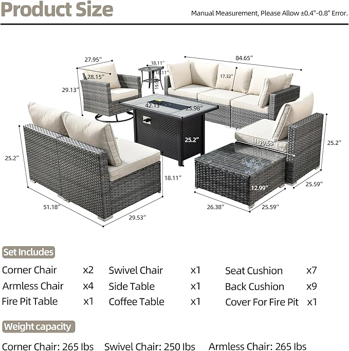 HOOOWOOO 10 Piece Patio Sectional Furniture Set with Fire Pit Table,Modern Wicker Outdoor Conversation Sofa Sets,Weather Resistant Modular L Shaped Outside Couch Swivel Chair Set(Beige)