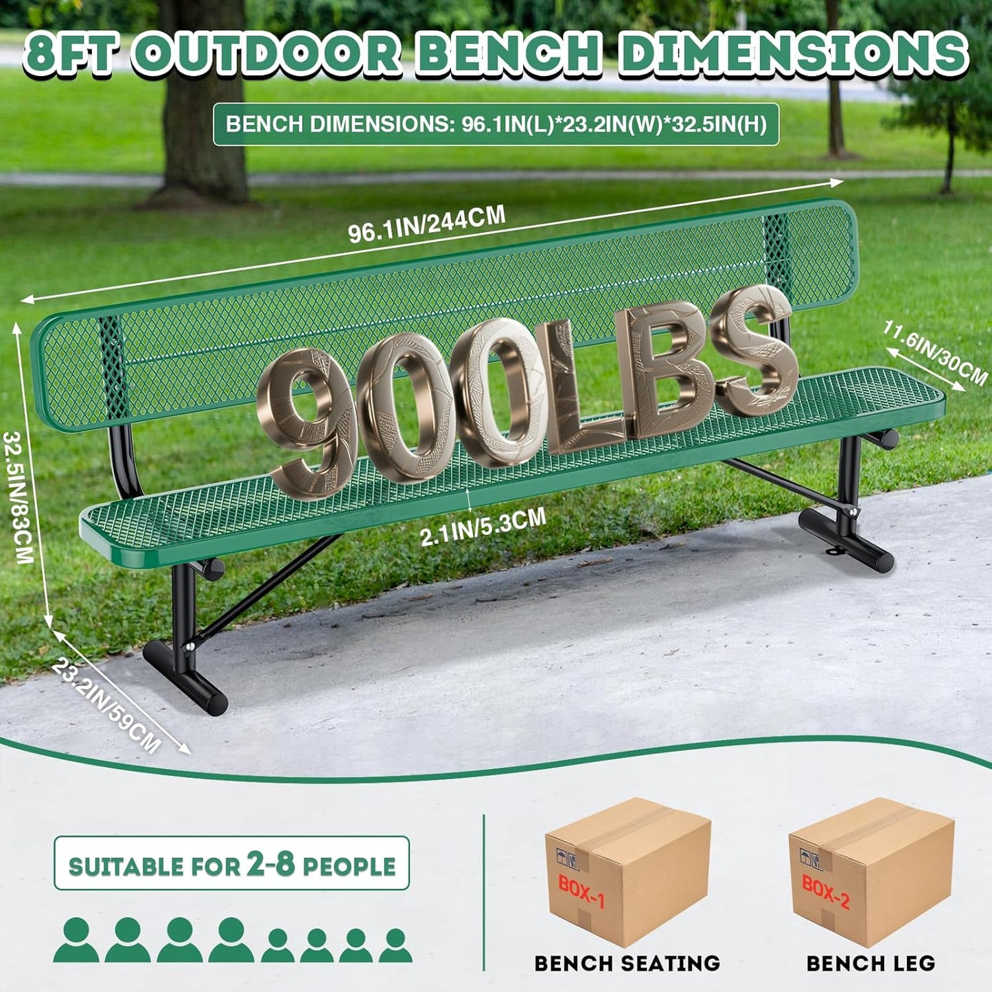 Heavy Duty Park Bench for Outside, Metal Park Bench with Back Portable Frame, Outdoor Steel Mesh Garden Bench with Backrest for Garden, Lawn, Patio, Porch, Park, Yard (Green, 8FT/95INCH)