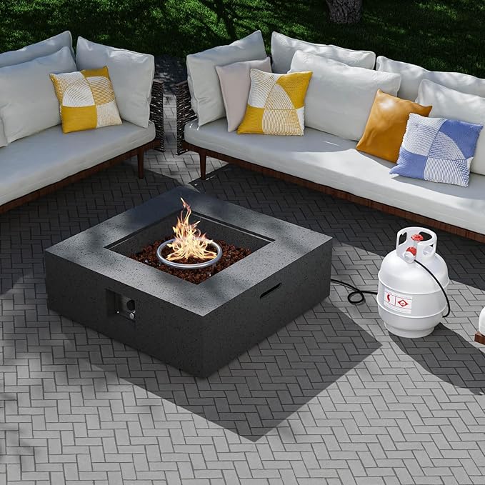 SUNBURY Outdoor Fire Pit, 35" Square Propane Gas Patio Fire Table 50,000 BTU Concrete Travertine Design, CSA Certified, Low Firepit Table with Lava Rocks, Waterproof Cover (Grey)