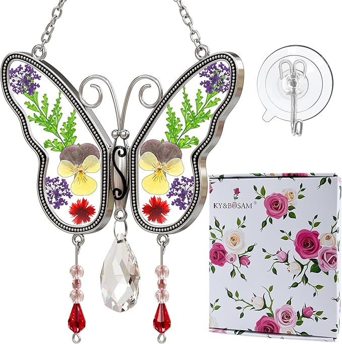 KY&BOSAM Gifts for Mom Family Friends Crystal Butterfly Suncatchers Stained Glass for Windows Wind Chimes Real Flower Colorful Crystal Outdoor for Garden Indoor Home Trees Patio Yard Porch Decor