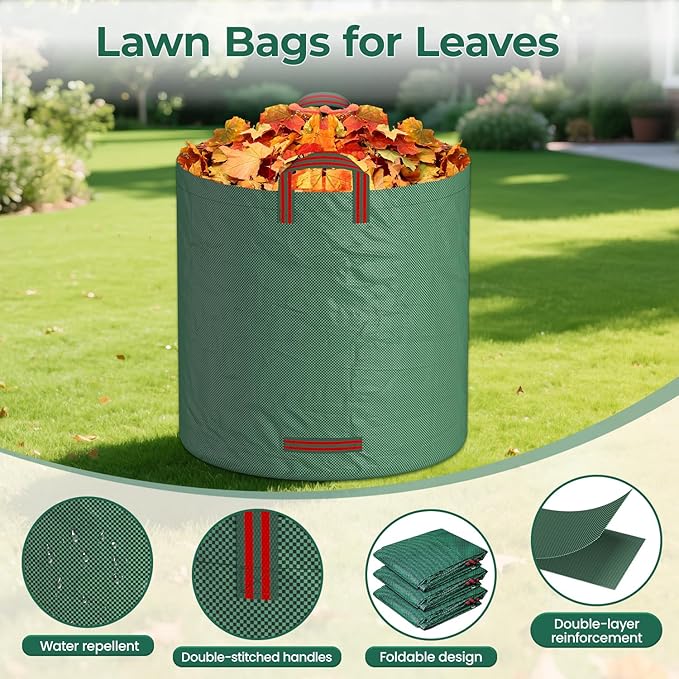 EsLuker.ly 6 Pack Garden Lawn Leaf Waste Bags, 71 Gallons Reusable Yard Litter Bag with 2 Pairs Gardening Gloves, Heavy Duty Trash Containers with Handles for Outdoor Cleanup, Ideal for Homeowners