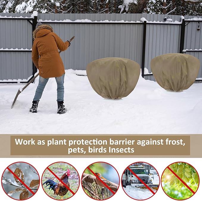 6 Pcs Winter Plant Covers Freeze Protection 39.4x23.6 Inch Horizontal Shrub Tree Rose Plant Protection Bags Frost Blanket with Drawstring for Fall Winter Outdoor Garden Planting (Brown)