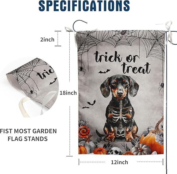 Halloween Dachshund Garden Flag Trick or Treat Yard Sign Ghost Wiener Dog Skeleton Banner for Outside 12x18 Double Sided Outdoor Lawn Decor Small