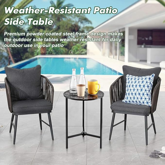 1 Packs 13" Metal Outdoor Side Tables Small Black Outside End Table for Patio Round Accent Corner Stand for Small Spaces Weather-Resistant Coffee Table for Balcony Porch Plant Stand, Tropical Leaves